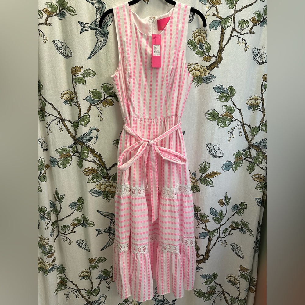 Lilly Pulitzer size 12 maybella midi dress pink isle gingham stripe jacquard